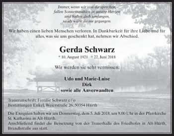 Anzeige von Gerda Schwarz von  Wochenende 