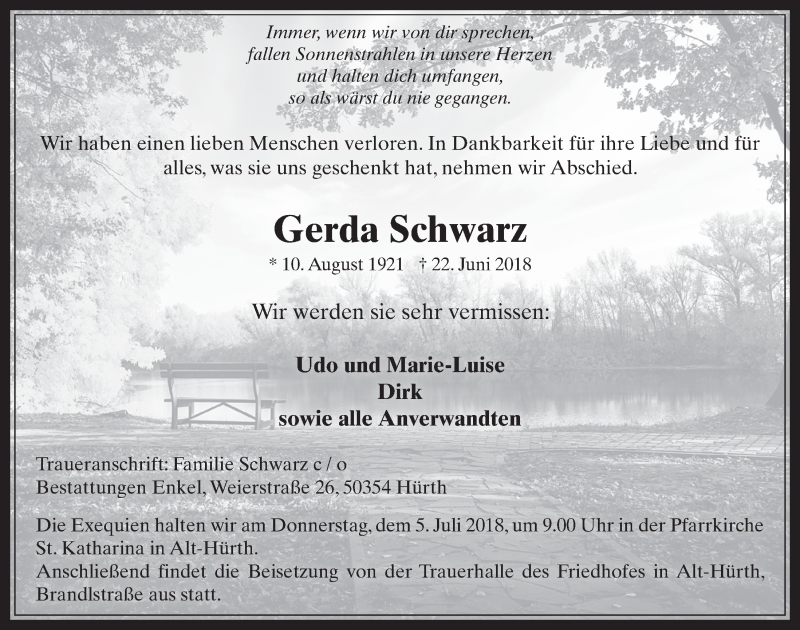  Traueranzeige für Gerda Schwarz vom 27.06.2018 aus  Wochenende 
