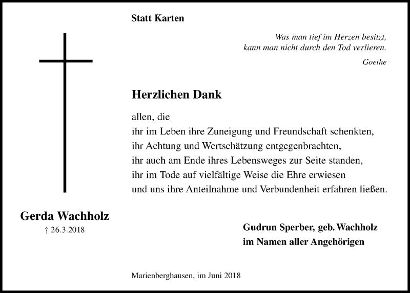  Traueranzeige für Gerda Wachholz vom 20.06.2018 aus  Lokalanzeiger 