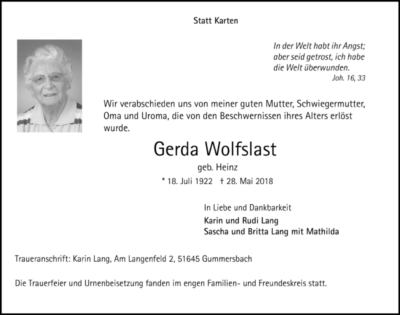  Traueranzeige für Gerda Wolfslast vom 13.06.2018 aus  Anzeigen Echo 