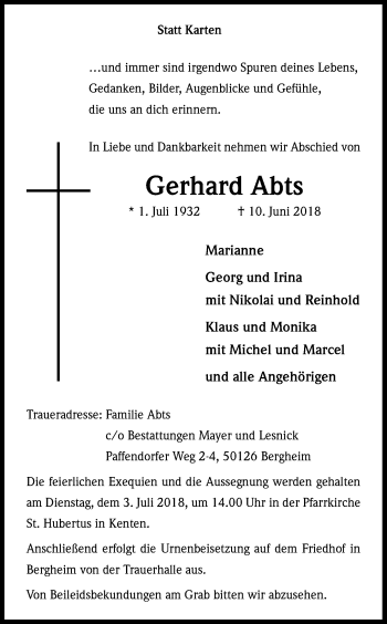Anzeige von Gerhard Abts von Kölner Stadt-Anzeiger / Kölnische Rundschau / Express