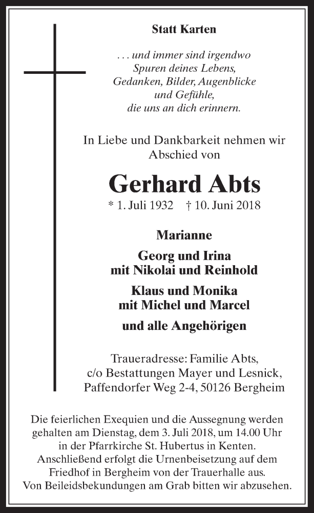  Traueranzeige für Gerhard Abts vom 27.06.2018 aus  Werbepost 