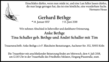 Anzeige von Gerhard Bethge von Kölner Stadt-Anzeiger / Kölnische Rundschau / Express