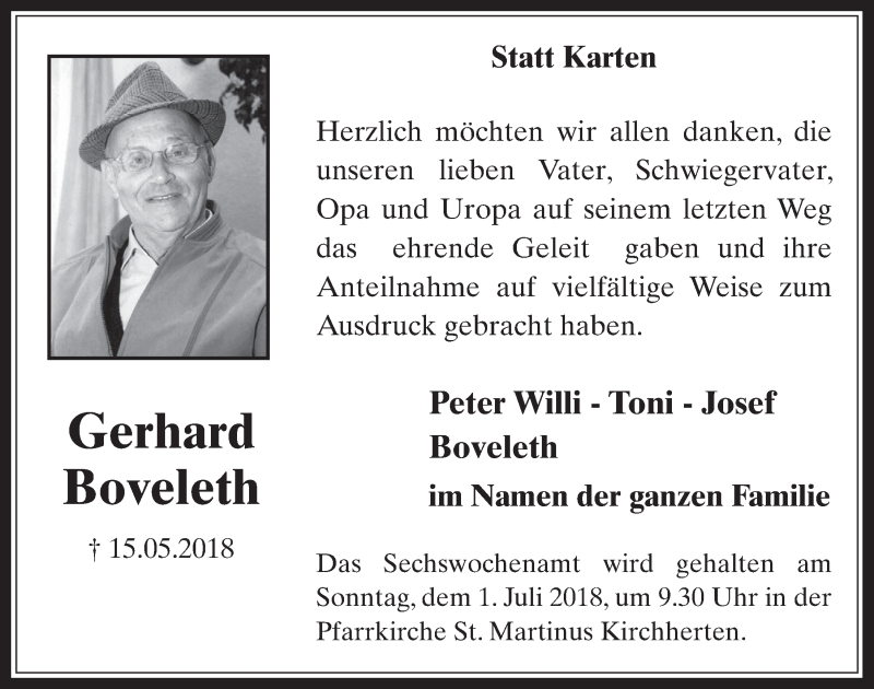  Traueranzeige für Gerhard Boveleth vom 27.06.2018 aus  Werbepost 