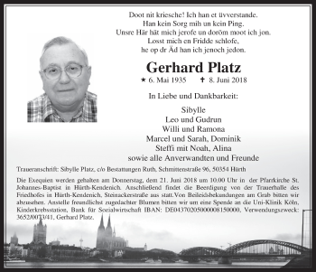Anzeige von Gerhard Platz von  Wochenende 