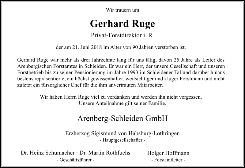  Traueranzeige für Gerhard Ruge vom 27.06.2018 aus Kölner Stadt-Anzeiger / Kölnische Rundschau / Express