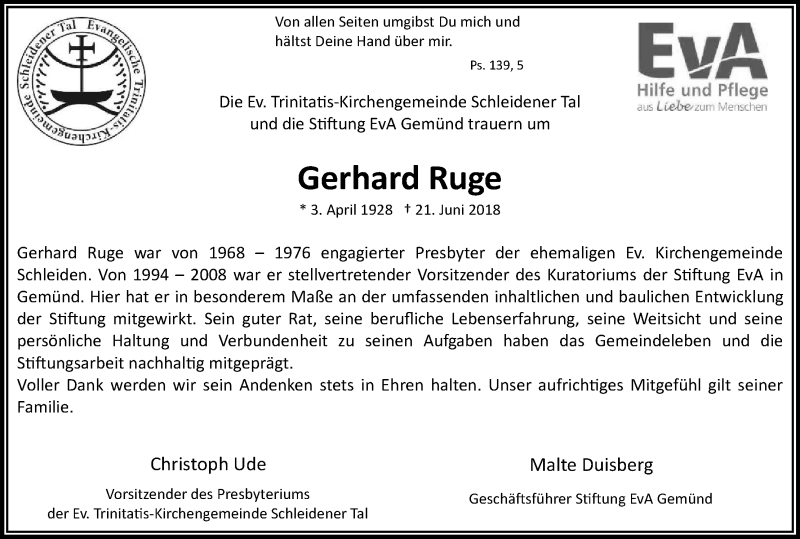  Traueranzeige für Gerhard Ruge vom 30.06.2018 aus Kölner Stadt-Anzeiger / Kölnische Rundschau / Express
