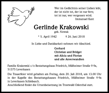 Anzeige von Gerlinde Krakowski von Kölner Stadt-Anzeiger / Kölnische Rundschau / Express