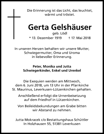 Anzeige von Gerta Gelshäuser von Kölner Stadt-Anzeiger / Kölnische Rundschau / Express