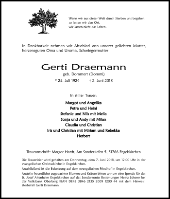 Anzeige von Gerti Draemann von Kölner Stadt-Anzeiger / Kölnische Rundschau / Express