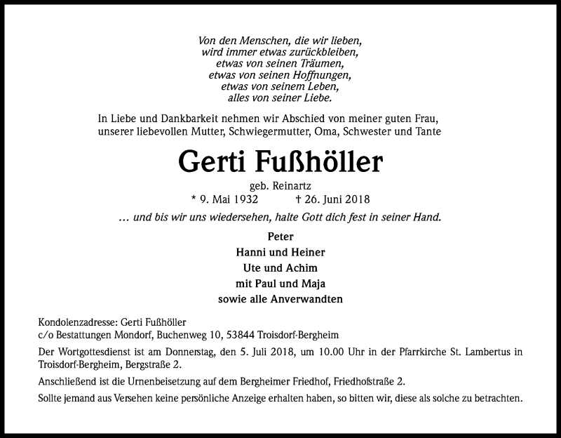  Traueranzeige für Gerti Fußhöller vom 30.06.2018 aus Kölner Stadt-Anzeiger / Kölnische Rundschau / Express
