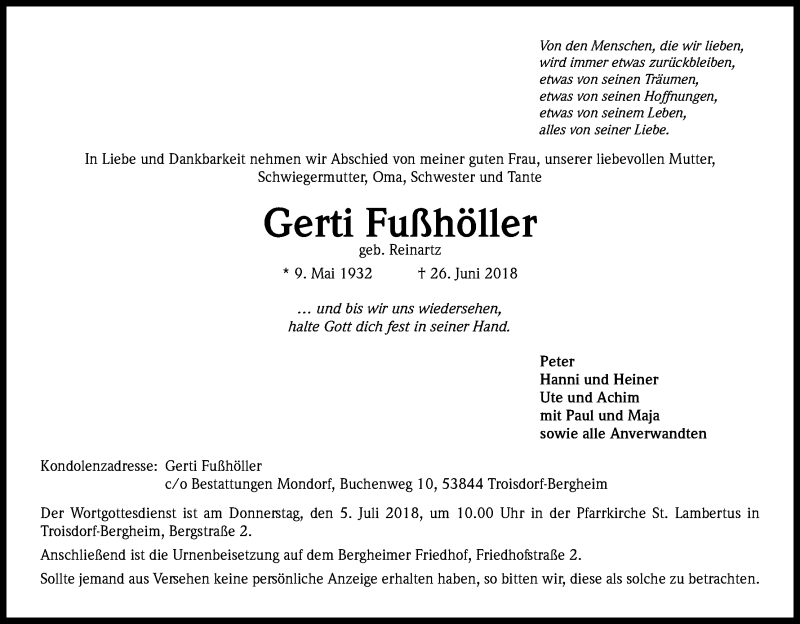  Traueranzeige für Gerti Fußhöller vom 30.06.2018 aus Kölner Stadt-Anzeiger / Kölnische Rundschau / Express