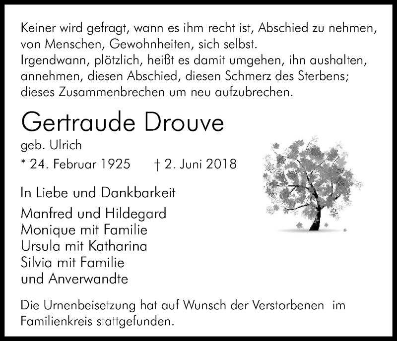  Traueranzeige für Gertraude Drouve vom 09.06.2018 aus Kölner Stadt-Anzeiger / Kölnische Rundschau / Express