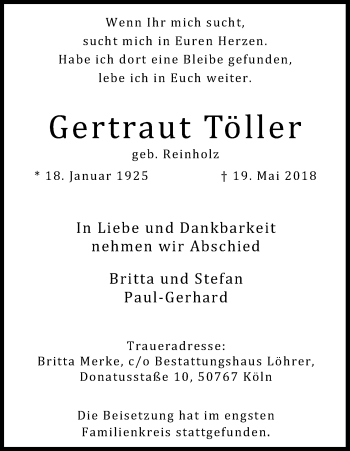 Anzeige von Gertraut Töller von Kölner Stadt-Anzeiger / Kölnische Rundschau / Express
