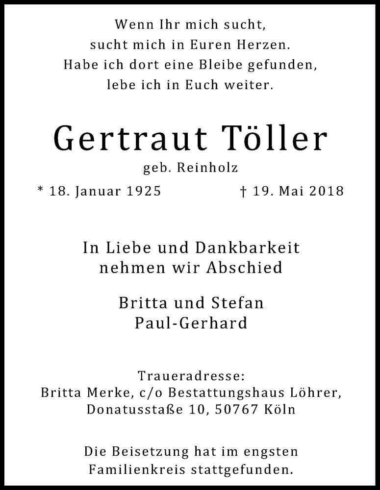  Traueranzeige für Gertraut Töller vom 02.06.2018 aus Kölner Stadt-Anzeiger / Kölnische Rundschau / Express