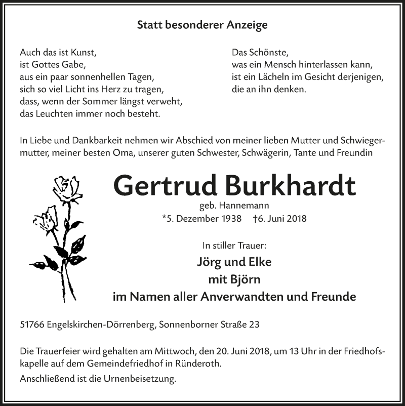  Traueranzeige für Gertrud Burkhardt vom 13.06.2018 aus  Anzeigen Echo 