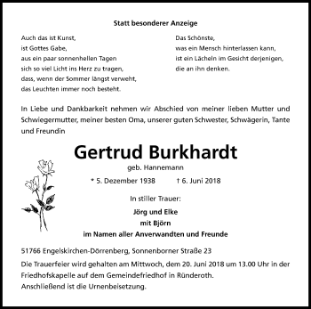 Anzeige von Gertrud Burkhardt von Kölner Stadt-Anzeiger / Kölnische Rundschau / Express