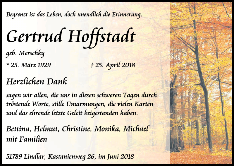  Traueranzeige für Gertrud Hoffstadt vom 02.06.2018 aus Kölner Stadt-Anzeiger / Kölnische Rundschau / Express
