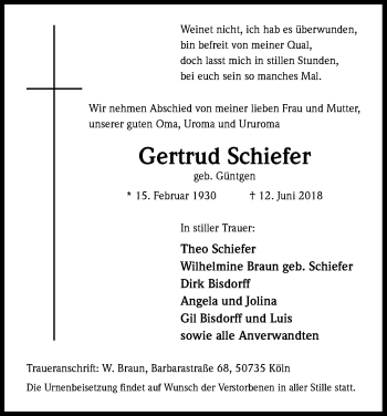 Anzeige von Gertrud Schiefer von Kölner Stadt-Anzeiger / Kölnische Rundschau / Express