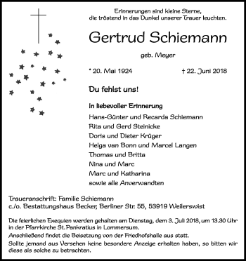 Anzeige von Gertrud Schiemann von Kölner Stadt-Anzeiger / Kölnische Rundschau / Express