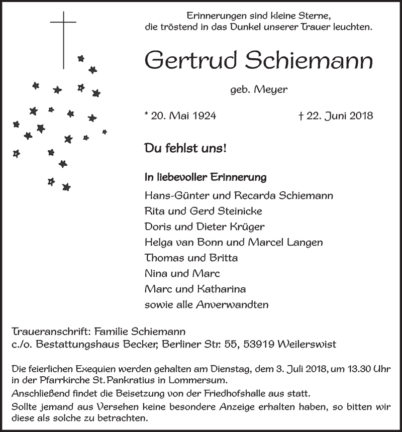  Traueranzeige für Gertrud Schiemann vom 30.06.2018 aus  Blickpunkt Euskirchen 