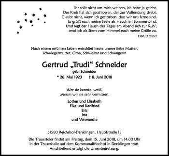 Anzeige von Gertrud Schneider von Kölner Stadt-Anzeiger / Kölnische Rundschau / Express