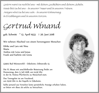 Anzeige von Gertrud Winand von  Blickpunkt Euskirchen 
