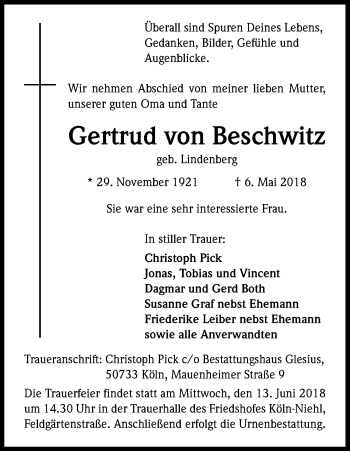 Anzeige von Gertrud von Beschwitz von Kölner Stadt-Anzeiger / Kölnische Rundschau / Express