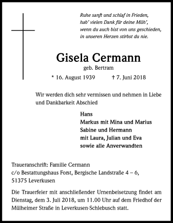 Anzeige von Gisela Cermann von Kölner Stadt-Anzeiger / Kölnische Rundschau / Express