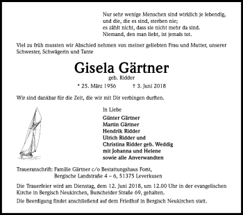 Anzeige von Gisela Gärtner von Kölner Stadt-Anzeiger / Kölnische Rundschau / Express