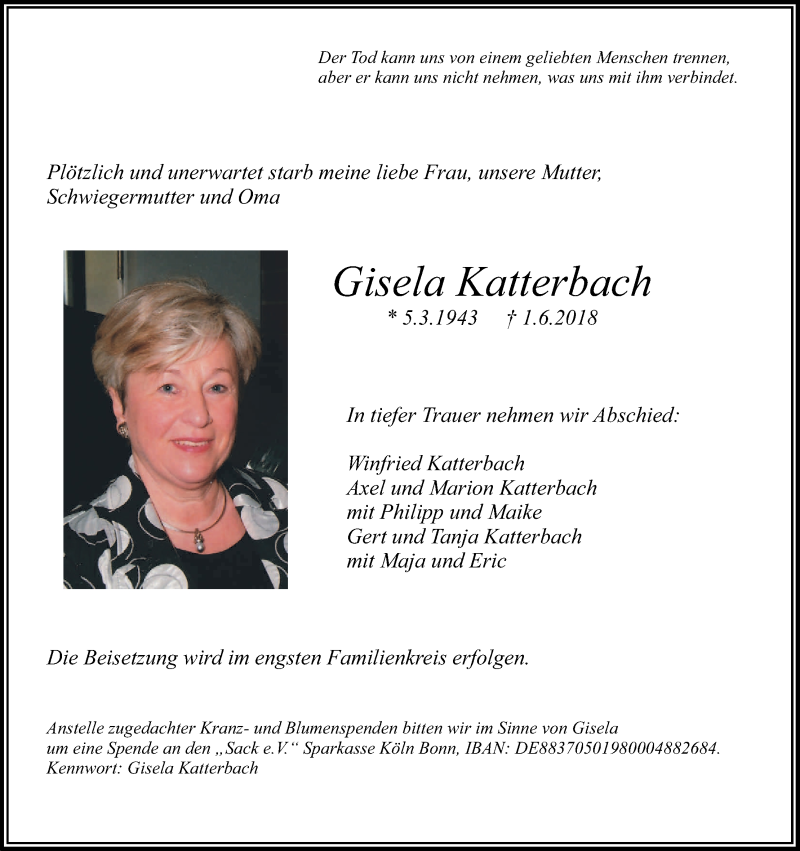  Traueranzeige für Gisela Katterbach vom 06.06.2018 aus Kölner Stadt-Anzeiger / Kölnische Rundschau / Express