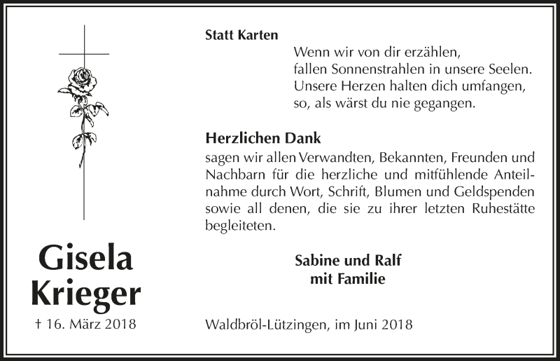  Traueranzeige für Gisela Krieger vom 13.06.2018 aus  Lokalanzeiger 