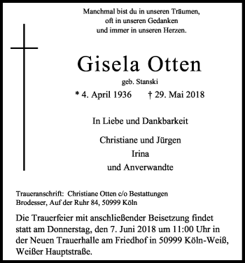 Anzeige von Gisela Otten von Kölner Stadt-Anzeiger / Kölnische Rundschau / Express