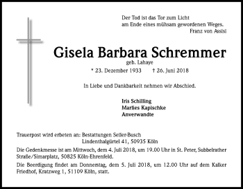 Anzeige von Gisela Schremmer von Kölner Stadt-Anzeiger / Kölnische Rundschau / Express