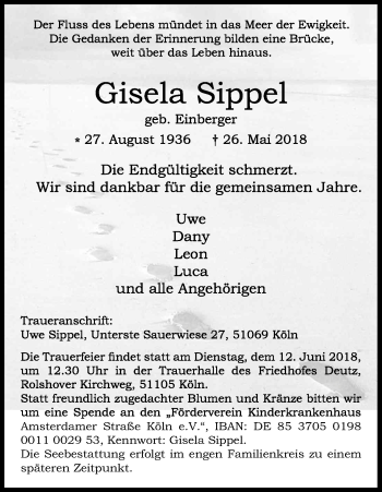 Anzeige von Gisela Sippel von Kölner Stadt-Anzeiger / Kölnische Rundschau / Express