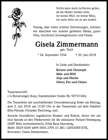 Anzeige von Gisela Zimmermann von Kölner Stadt-Anzeiger / Kölnische Rundschau / Express