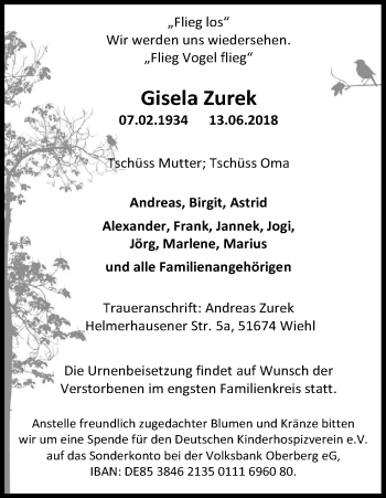 Anzeige von Gisela Zurek von Kölner Stadt-Anzeiger / Kölnische Rundschau / Express