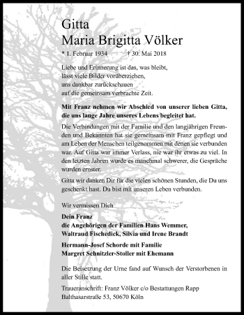 Anzeige von Gitta Maria Brigitta Völker von Kölner Stadt-Anzeiger / Kölnische Rundschau / Express