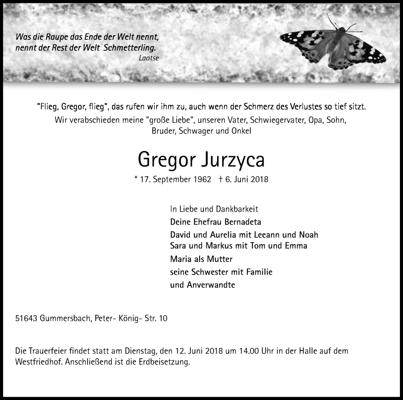  Traueranzeige für Gregor Jurzyca vom 09.06.2018 aus Kölner Stadt-Anzeiger / Kölnische Rundschau / Express