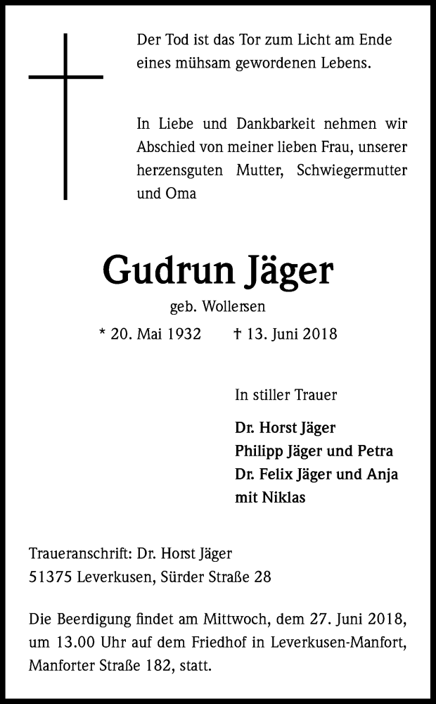  Traueranzeige für Gudrun Jäger vom 23.06.2018 aus Kölner Stadt-Anzeiger / Kölnische Rundschau / Express
