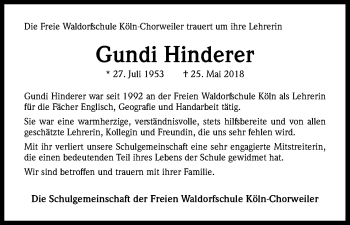 Anzeige von Gundi Hinderer von Kölner Stadt-Anzeiger / Kölnische Rundschau / Express