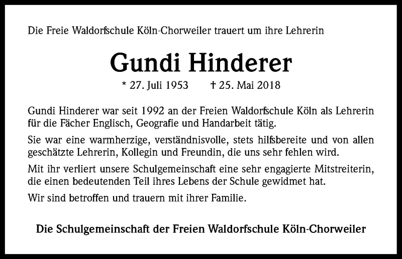  Traueranzeige für Gundi Hinderer vom 02.06.2018 aus Kölner Stadt-Anzeiger / Kölnische Rundschau / Express