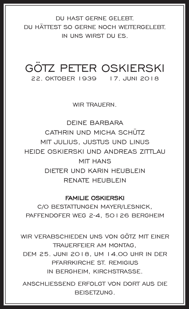  Traueranzeige für Götz Peter Oskierski vom 20.06.2018 aus  Werbepost 