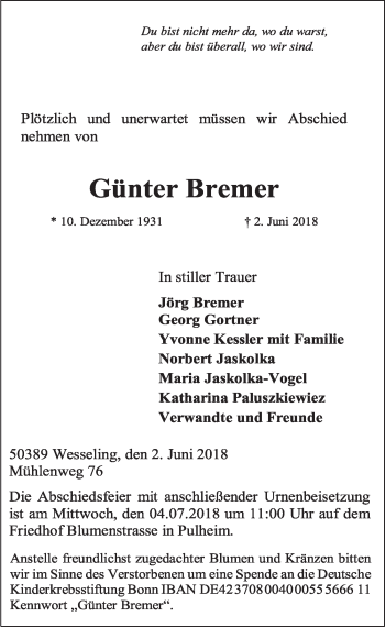 Anzeige von Günter Bremer von  Schlossbote/Werbekurier 