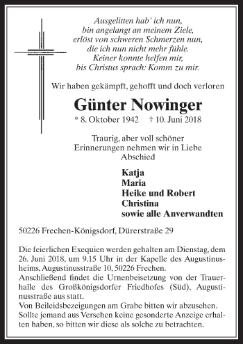 Anzeige von Günter Nowinger von  Wochenende 