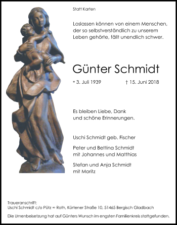 Anzeige von Günter Schmidt von Kölner Stadt-Anzeiger / Kölnische Rundschau / Express