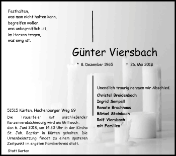 Anzeige von Günter Viersbach von Kölner Stadt-Anzeiger / Kölnische Rundschau / Express