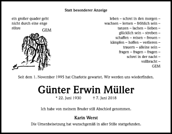 Anzeige von Günter Erwin Müller von Kölner Stadt-Anzeiger / Kölnische Rundschau / Express