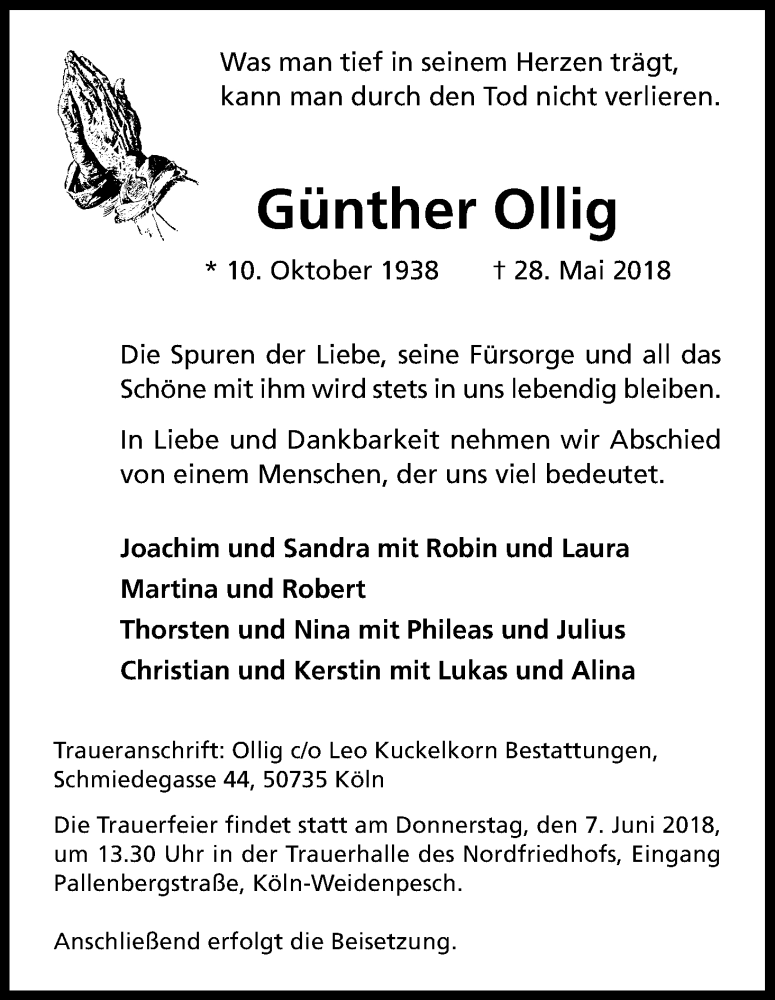 Traueranzeige für Günther Ollig vom 02.06.2018 aus Kölner Stadt-Anzeiger / Kölnische Rundschau / Express