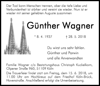 Anzeige von Günther Wagner von Kölner Stadt-Anzeiger / Kölnische Rundschau / Express